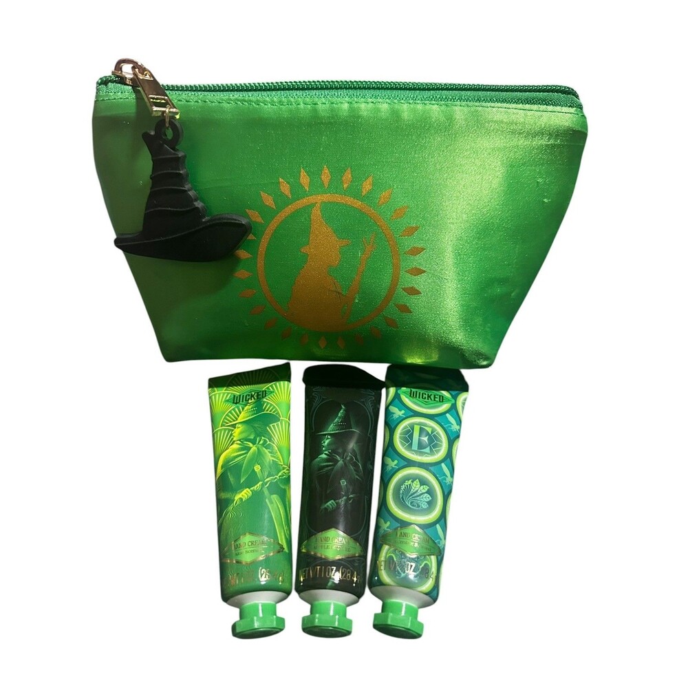 Wicked Universal Elphaba 3 Hand Creams 1oz Ea & Cosmetic Bag Gift Set New no box